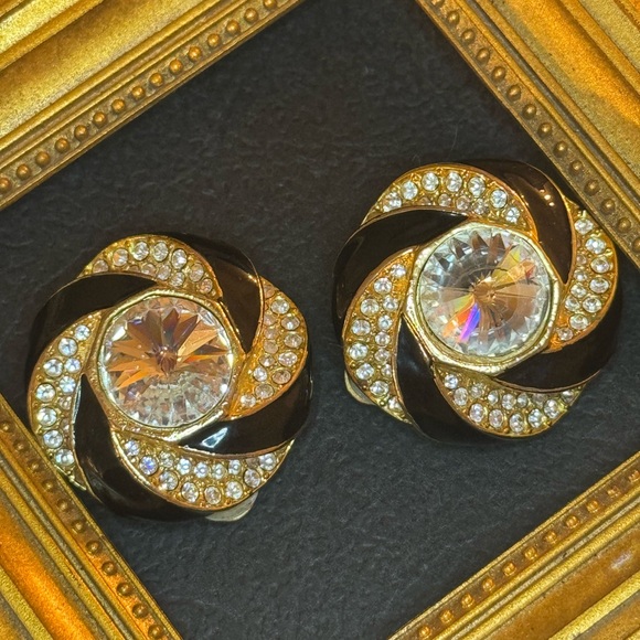 VTG Black Enamel and Crystal Swirl Earrings - Picture 10 of 16
